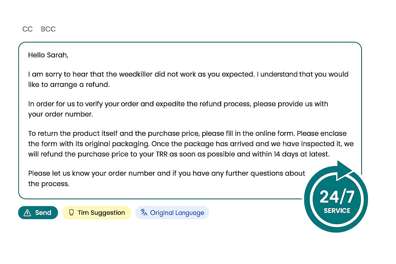 Customer service email about refund process.